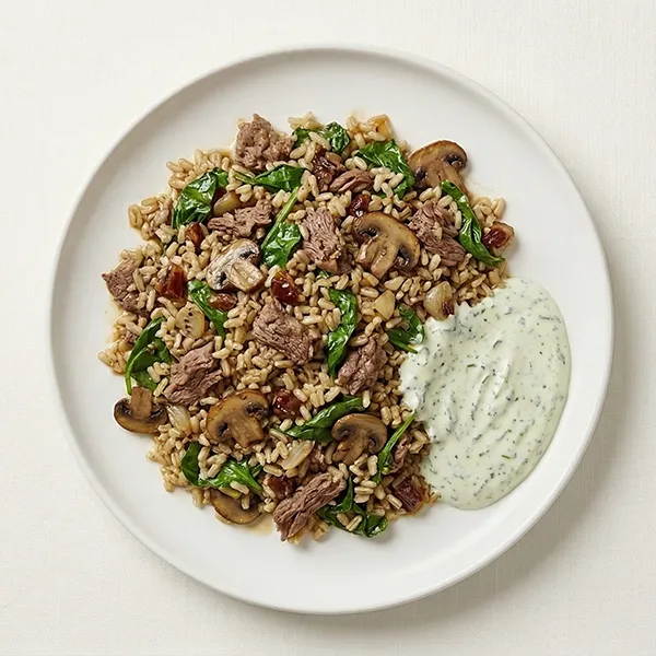 Beef And Brown Rice Casserole With Spinach And Mushrooms